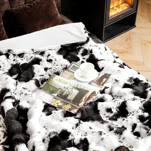 Black Cow Faux Rabbit Fur Throw Blanket - 50x60 Inches Ultra Plush Fluffy Bed Couch Decor
