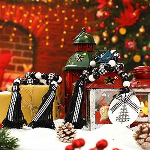 Jetec 2 Pcs Christmas Wood Bead Garlands 33.5 Inches Buffalo Plaid Farmhouse Beads with Tassels Decor Tiered Tray Decor Wall Hanging Home Ornaments for Christmas Tree Decorations(White and Black)