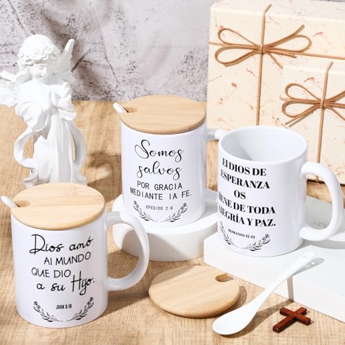 Sunnychicc Spanish Christian Coffee Mugs Bulk 12oz Bible Cups with Wooden Lids & Spoons