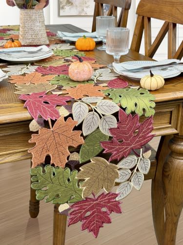 KEVA 13x72 Inch Fall Table Runner with Harvest Maple Leaves Embroidery