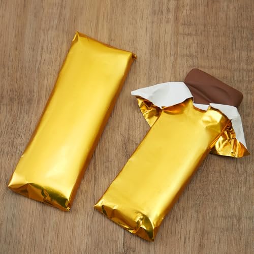 100Pcs Chocolate Candy Wrappers Aluminum Foil Candy Bar Wrappers with Thick Paper Backing Candy Wrapping Packing for Christmas Wedding Birthday Homemade Sweets 7.5 x 6.3 Inch(Gold)