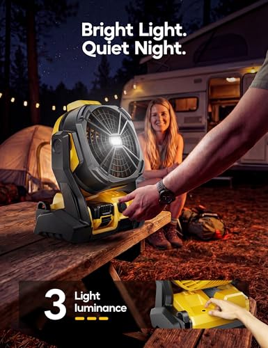 Yellow Battery Operated Camping Fan with LED Light, Cordless & Corded, Variable Speed, Hanging Hook - Light Yellow