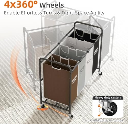 Multicolored ROMOON 4-Section Laundry Hamper Cart with Lockable Wheels & Organizer