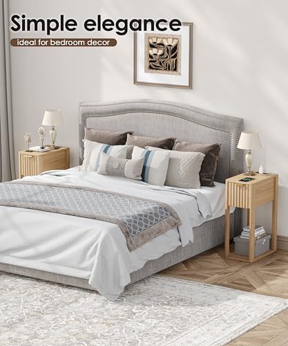 Narrow Nightstand Set 2 with Charging Station - Natural Oak, 15.7D x 9.4W x 23.6H