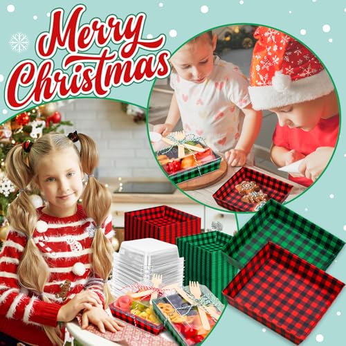Christmas Charcuterie Boxes 100 Pack with Lids, Forks & Knives – Red/Green Checkered Paper Gift Boxes