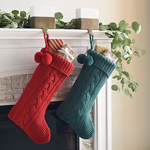 Set of 2 Nutmeg Red & Green 19-inch Christmas Stockings with Pom-Poms, Holiday Home Decor