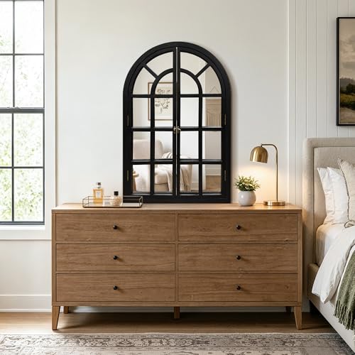 Black Arched Wood Mirror with Opening Shutters - 36 x 24 Inches Farmhouse Wall Decor