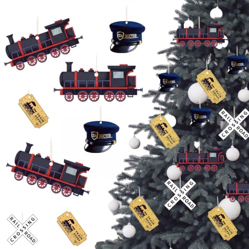 Oudain 12 Pcs Christmas Express Decor Train Ornaments - 4 Styles, Wooden Train Tickets, 2.76in - Variation: 12 / Train
