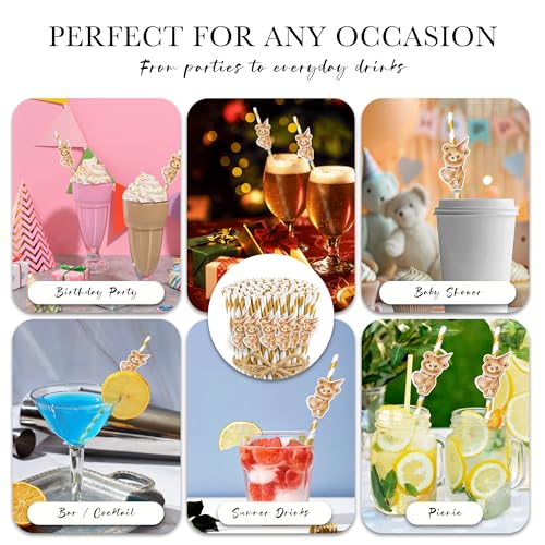 Brown 1 Pack Bear Baby Shower Paper Straws with Teddy Bear Toppers - 50pcs