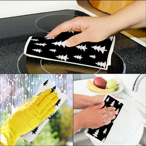 Black & White Geometric Christmas Tree Swedish Dishcloths - 4 Pack, 7x8 in