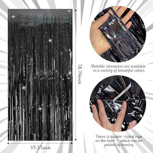 K.E.J. 2 Pack Black Tinsel Curtain Backdrops – 3.28 ft x 6.56 ft Fringe Foil Party Curtain for Photo Booth, Birthday & Halloween