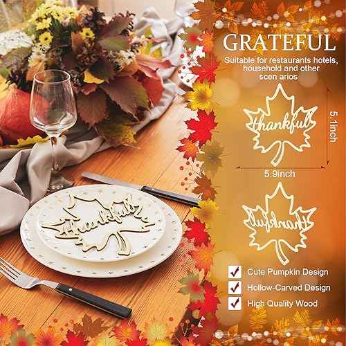12 Pcs Thanksgiving Maple Leaf Pumpkin Wooden Plate Decor Grateful Wood Cutouts Fall Autumn Thankful Blessed Favour Gather Party Place Card Table Settings Signs for Farmhouse Dining Table