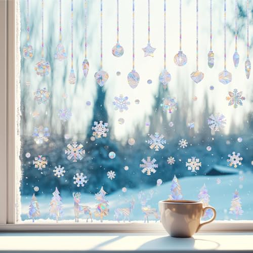 Christmas Window Clings Snowflake Bell Static Cling Xmas Deer Pine Tree Window Decals Winter Snow Prismatic Vinyl Stickers Anti-Collision Window Stickers for Bird Strikes Suncatcher Stickers