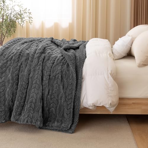 Queen Size Fluffy Sherpa Blanket Dark Grey 90x90 Winter Warm Soft 3D Jacquard