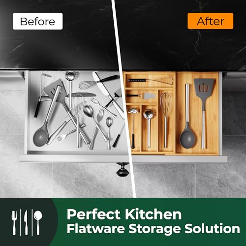 Large Silverware Organizer with 13 Slots - Natural Bamboo Expandable Drawer Divider, Adjustable from 21 to 37.4 Inches – Natural Finish