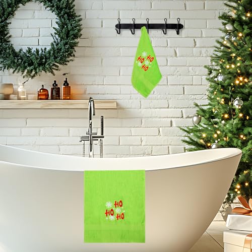 Green Christmas Hand Towels 2 Pack — Snowflake Embroidered Cotton, 29.5 x 13.8 in