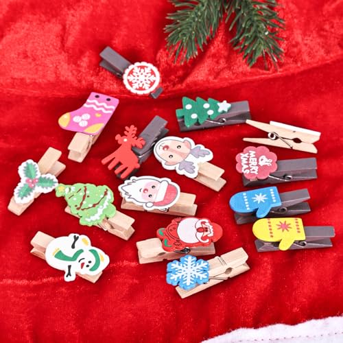 Christmas Wood Clips Set with Snowflake Santa Tree Designs & Jute Twine - Holiday Photo Hangers & Craft Decor
