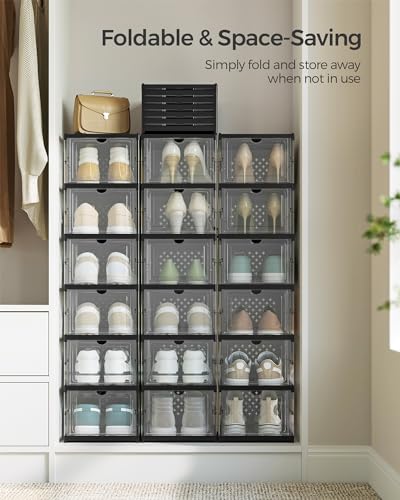 SONGMICS Foldable Shoe Storage Boxes 6-Tier Set with Transparent + Ink Black, Fits US Size 13, 18 Pack