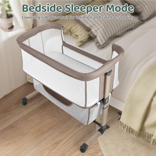 Cowiewie Khaki Bedside Bassinet Bedside Sleeper, Breathable & Adjustable