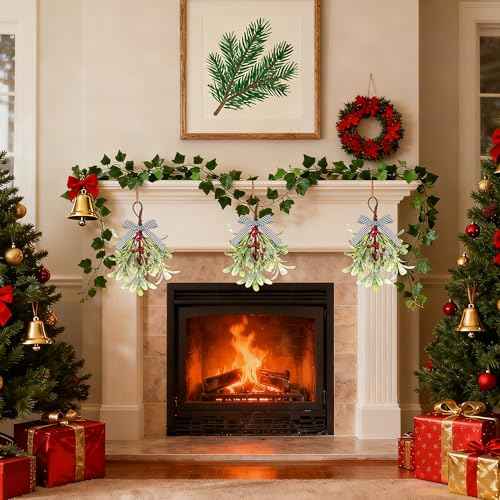 Mistletoe Christmas Decor, Artificial Hanging Mistletoe Picks with Plaid Bow Red Berries,Like Real Christmas Kissing Ball Ornaments for Kitchen Doorway Tree Decorations