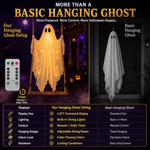 EMPJJLZ 6.5FT Hanging Swing Ghost Halloween Outdoor Decor with Remote Light Up & Motion