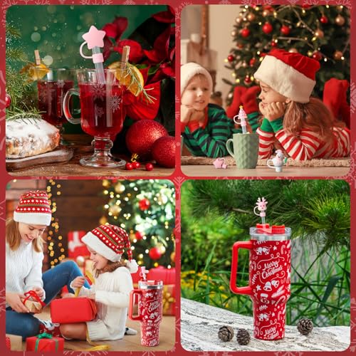 6Pcs Christmas Pink Straw Cover Cap for Stanley Cup 40oz/30oz Tumbler, 10mm Reusable Cute Drinking Straw Topper Accessories, Portable Protector Plugs Decorations Gifts for Party Christmas