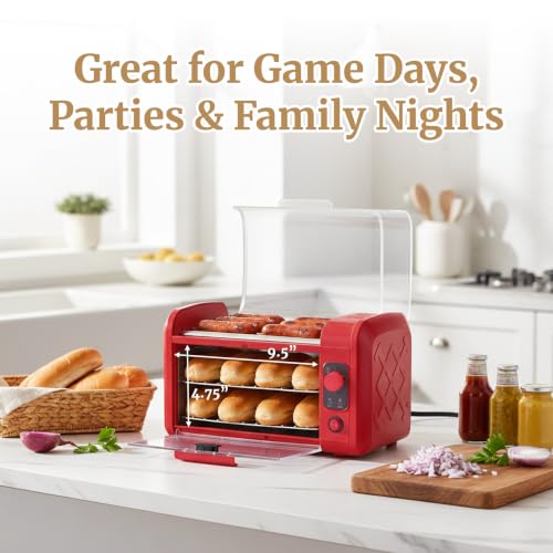 Elite Gourmet 8 Hot Dog Roller & Toaster Oven with Auto Shut-Off, Red