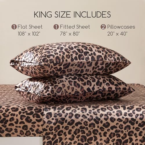 MR&HM Brown Leopard Satin Bed Sheets Set King Size with Elastic Corners