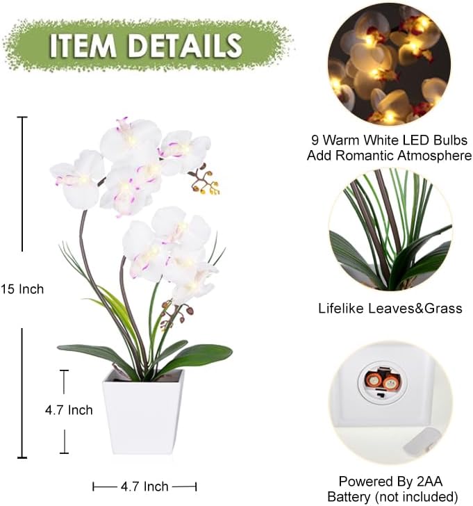 Pre-Lit Artificial Orchid Arrangement - LED Orchid Plant with 9 Lights (White)
