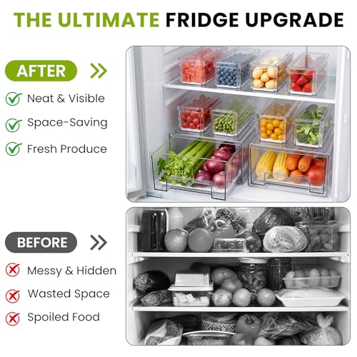 YKIOKE Transparent 6-Pack Fridge Organizer Bins with Drain Trays - Space-Saving, BPA-Free Stackable Food Storage