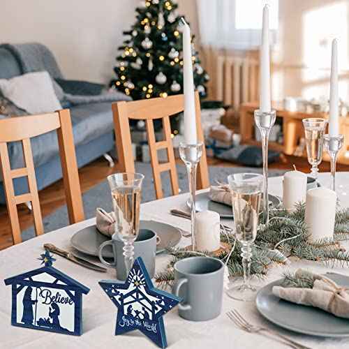 3 Pcs Christmas Table Decorations Jesus Nativity Set Table Signs Nativity Scene Table Centerpieces Wooden Block Xmas Believe Sign Rustic Farmhouse Christian Decorations for Home Tiered Tray Holiday