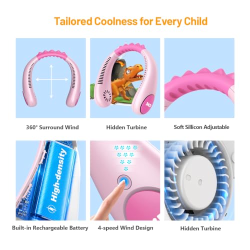 Pink Kids Neck Fan Portable Bladeless Cooling Fan for Children 4-14Y, USB Rechargeable, 4 Speeds, Lightweight Summer Gift
