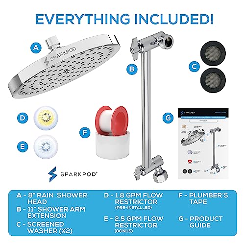 SparkPod 8-Inch Round Rain Shower Head with 11-Inch Adjustable Chrome Shower Arm