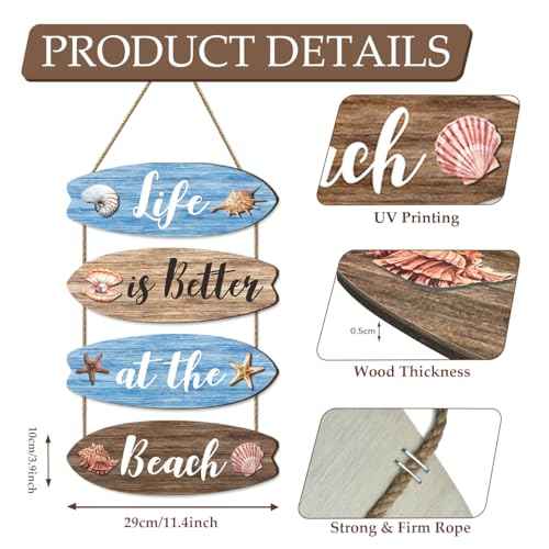 4pcs Beach Bathroom Wall Decor, Blue Wooden Surfboard Coastal Hanging Plaques Inspirational Quote Signs Ornaments for Bedroom Living Room 11.4x3.9 in