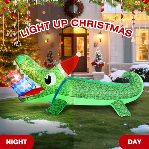 Aotiooy 9.3 FT Christmas Inflatable Crocodile Yard Decor with LED Lights, Santa Hat & Gift Box