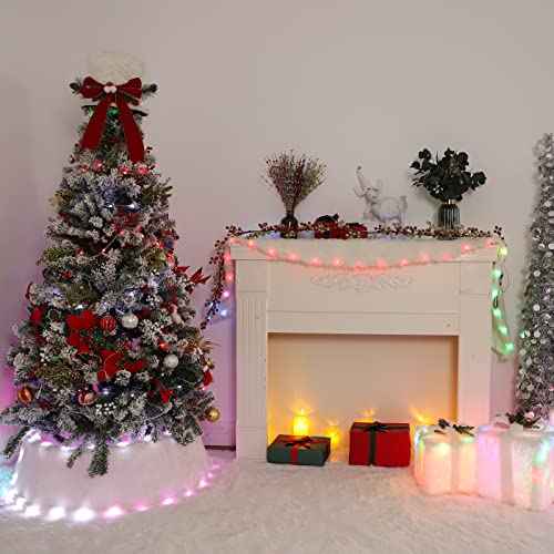24 inch Christmas Tree Collar, 17 Light Modes White Plush Tree Collar Decoration with Remote, Round Christmas Tree Collars Ring for Christmas Artificial Pencil Trees Decor