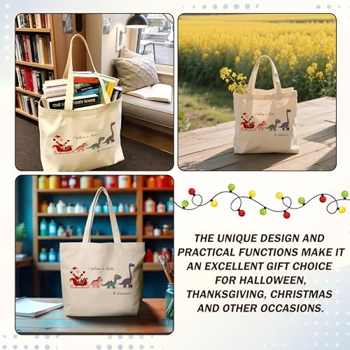 Christmas Canvas Tote Bag with Santa and Dinosaur Design - Reusable Holiday Gift Bag for Women
