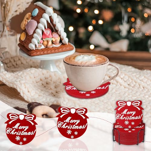12 Pack Red Christmas Snowflake Felt Coasters - Absorbent Non-Slip 3.9in for Winter Holiday Decor