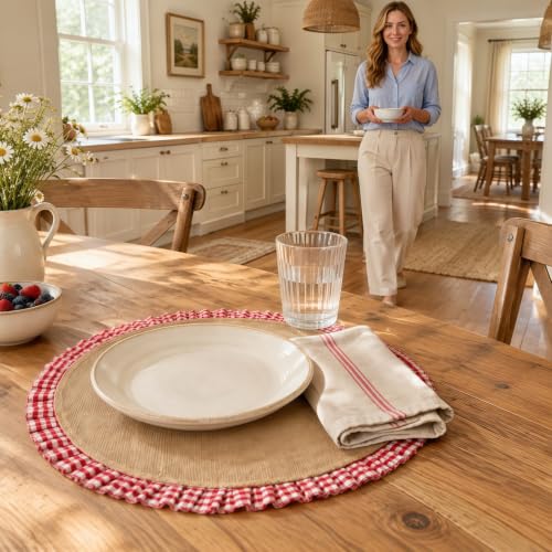 Christmas Placemats Set of 12 - 15 Inch Round Ruffle Burlap