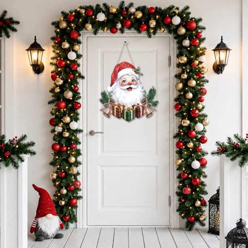 Christmas Wooden Santa Door Sign Hanging Decor - Festive Xmas Wreath