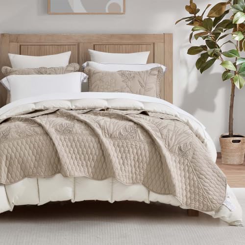 Oversized Full Bedspread Set with Leaf Stitching and Shams - Taupe, 5 Pieces - Variation of THIS listing