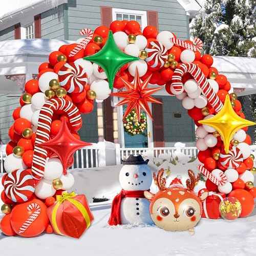 149 PCS Christmas Balloon Garland Arch Kit, Classic Red Green Gold White Latex Christmas Balloons with Gift Box Red Star Candy Cane Foil Balloons for Merry Christmas Party Decorations Supplies