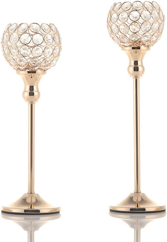 Gold Crystal Candle Holders Set of 2 - Elegant Pillar Candlesticks for Weddings & Home Decor