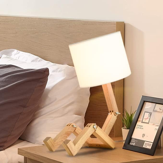 ELINKUME Robot Desk Lamp Set of 2, Creative Bedside Lamp for Bedroom,Wooden Lamp Body Adjustable,DIY E26 Living Room Table Lamps with Fabric Shade,Modern Indoor Decorative Lighting, TB-QBT005-WHM2