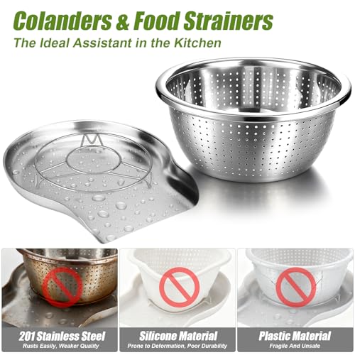 3 Sizes Stainless Steel Colander Set with Self-Draining Base Plate - Food Strainers for Pasta, Rice, Fruits & Veggies