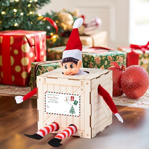 Christmas Elf Crate with Gift Card, Santa¡¯s Elf Delivery Box, Wooden Elf Holder with Name Tag Sticker Christmas Gift for Kids - Holds One Elf (Elf Not Included)