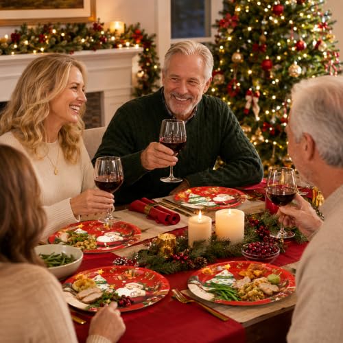 PUEVENYI Merry Christmas Paper Plates 7 Inch - Winter Holiday Disposable Tableware Set, 50 Count