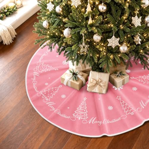 TenGlow Pink Velvet Christmas Tree Skirt 36 Inch Snowflake Embroidery - Holiday Decor