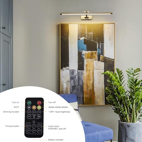 Battery Operated Brass 24-Inch Wireless LED Picture Light with Remote & Timer – Adjustable Art Wall Lamp