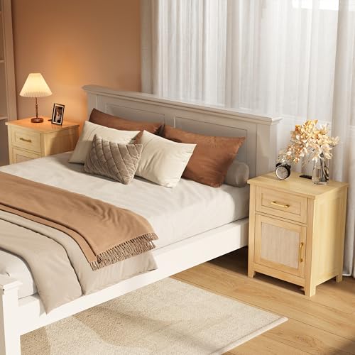 Decofy Set of 2 Rattan Nightstands with Charging Station, Drawer & Cabinet